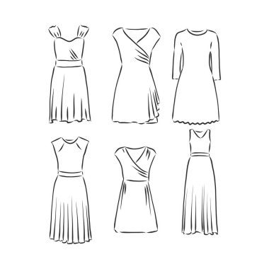El çizimi vektör giysi seti. Beyaz giyimli modaya uygun Maxi elbiseleri..
