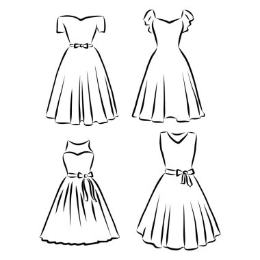 El çizimi vektör giysi seti. Beyaz giyimli modaya uygun Maxi elbiseleri..