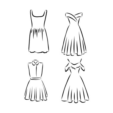 El çizimi vektör giysi seti. Beyaz giyimli modaya uygun Maxi elbiseleri..