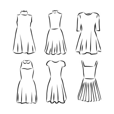 El çizimi vektör giysi seti. Beyaz giyimli modaya uygun Maxi elbiseleri..