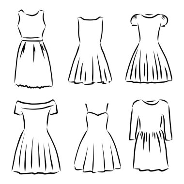 El çizimi vektör giysi seti. Beyaz giyimli modaya uygun Maxi elbiseleri..