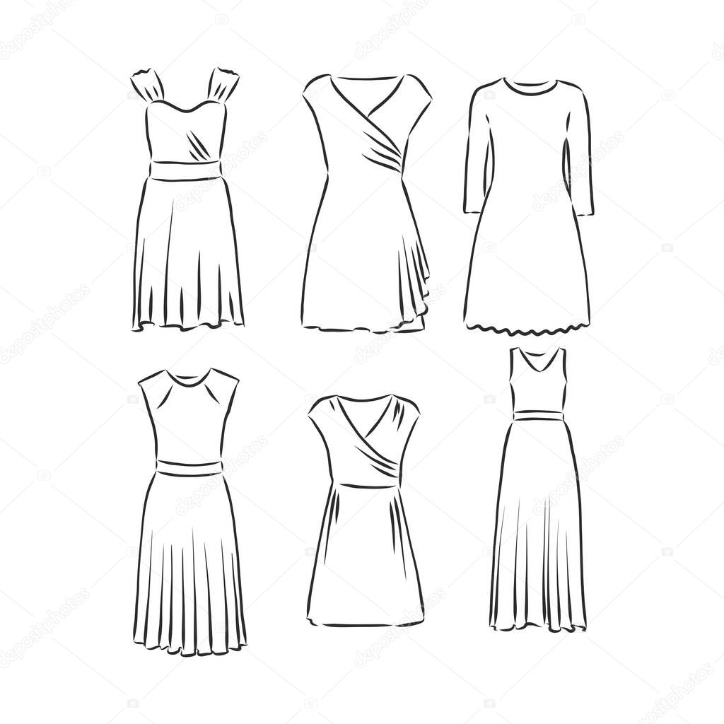 Hand drawn vector clothing set. of trendy maxi dresses isolated on white.