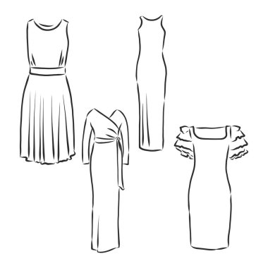 El çizimi vektör giysi seti. beyazda izole edilmiş modaya uygun elbiseler.