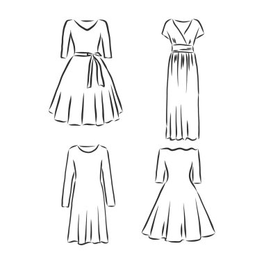 El çizimi vektör giysi seti. beyazda izole edilmiş modaya uygun elbiseler.