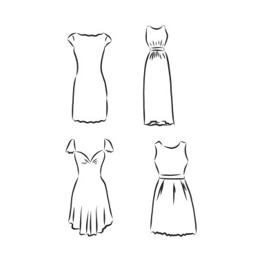 El çizimi vektör giysi seti. beyazda izole edilmiş modaya uygun elbiseler.