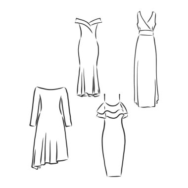 El çizimi vektör giysi seti. beyazda izole edilmiş modaya uygun elbiseler.