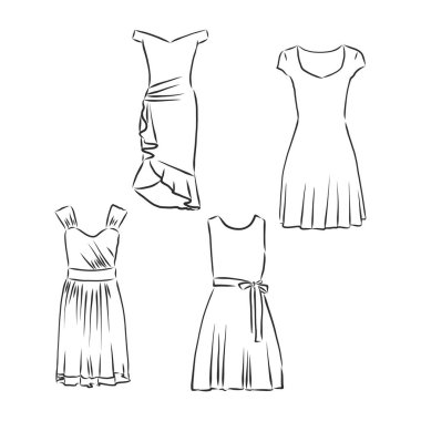 El çizimi vektör giysi seti. beyazda izole edilmiş modaya uygun elbiseler.