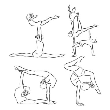 Akrobatik, denge, performans, işbirliği konsepti. El çizimi akrobatlar sahne konsepti skecinde gösteri yapıyorlar. İzole vektör çizimi, akrobasi, vektör çizimi