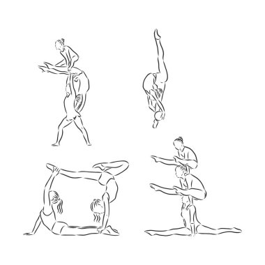 Akrobatik, denge, performans, işbirliği konsepti. El çizimi akrobatlar sahne konsepti skecinde gösteri yapıyorlar. İzole vektör çizimi, akrobasi, vektör çizimi