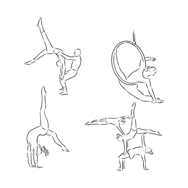 Acrobatic, balance, performance, cooperation concept. Hand drawn acrobats performing on scene concept sketch. Isolated vector illustration , acrobatics, vector sketch