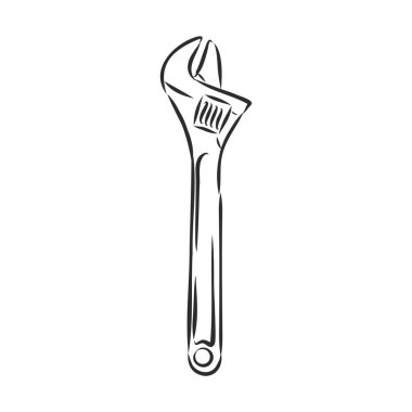 İngiliz anahtarı. Grafik şeklinde çizilmiş bir el. Poster ve web için klasik vektör çizimi. Beyaz arkaplanda izole