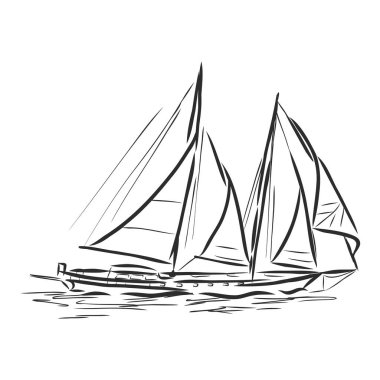 Mürekkep gibi okyanusta yelkenli ya da tekne. El çizimi yat. Deniz temalı tasarım.