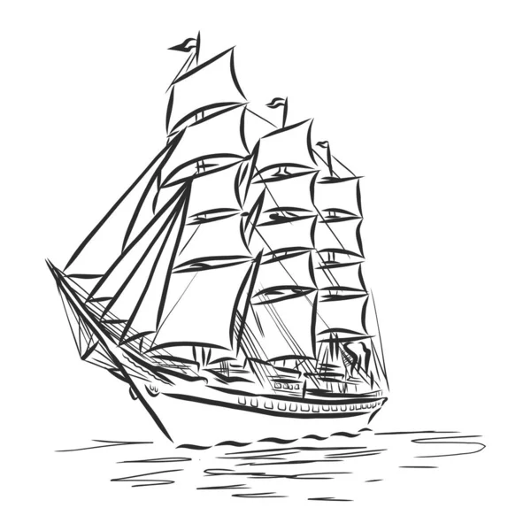 在海里航行的船或小舟用墨水线的形式 手绘草图游艇 海洋主题设计 — 图库矢量图片