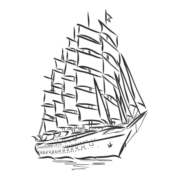 Navio Vela Barco Oceano Estilo Linha Tinta Iate Desenhado Mão —  Vetores de Stock