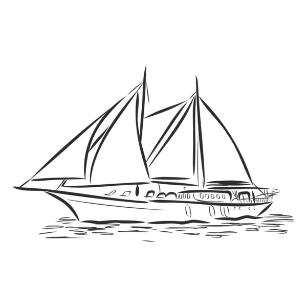 Velero Barco Océano Estilo Línea Tinta Yate Dibujado Mano Diseño — Vector de stock