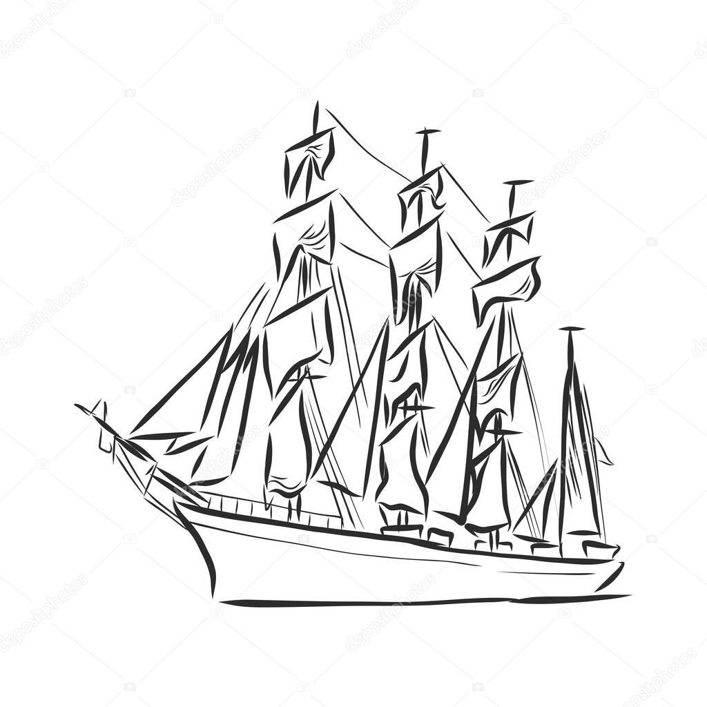 Sailing ship or boat in the ocean in ink line style. Hand sketched yacht. Marine theme design.