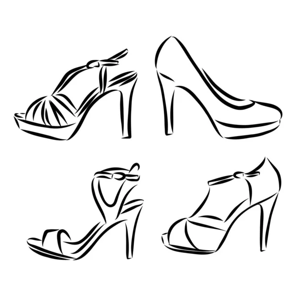 Набор Красивой Женской Обуви Свободный Стиль Рисования — стоковый вектор