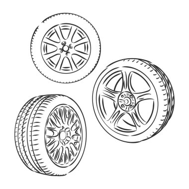 Otomatik tekerlek çizgisi simgeleri. Farklı tekerleklerin vektör ince çizgisi çizimi.