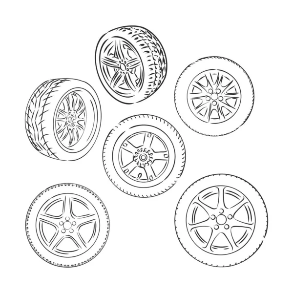 自動ホイールラインアイコン 異なる車輪のベクトル細い線図 — ストックベクタ