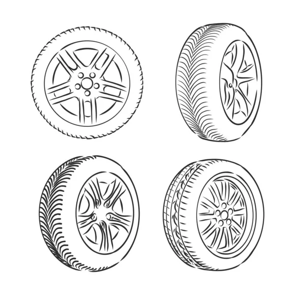 Auto Rodas Ícones Linha Vetor Linha Fina Ilustração Diferentes Rodas — Vetor de Stock