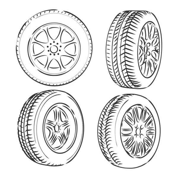 Auto Rodas Ícones Linha Vetor Linha Fina Ilustração Diferentes Rodas — Vetor de Stock