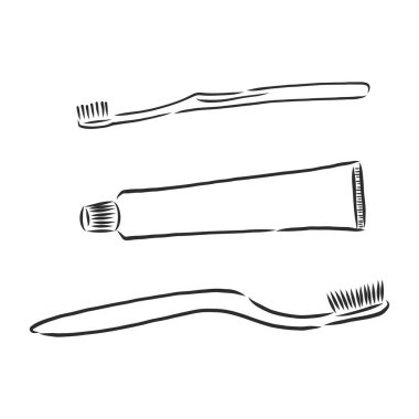 Diş temizleme seti. Ağız temizliği aletleri. El çizimi illüstrasyon vektörlere dönüştürüldü.