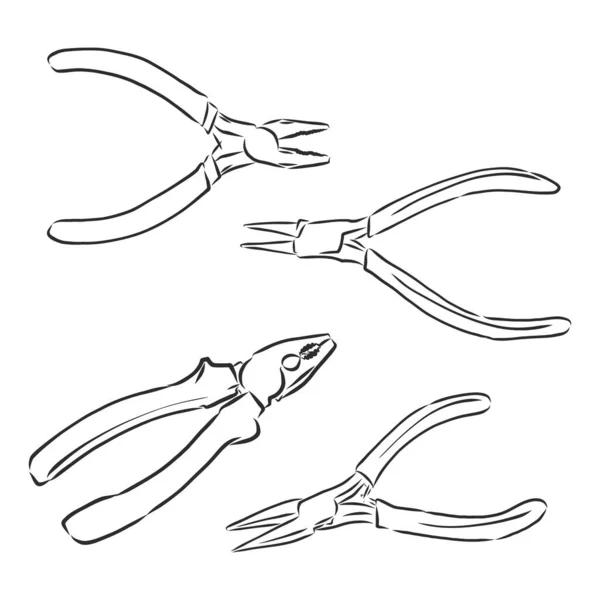 连续的单线牵引扳手和钳 简单的单线绘图工具概念 在白色背景上隔离的一组详细的施工工具 矢量说明 — 图库矢量图片