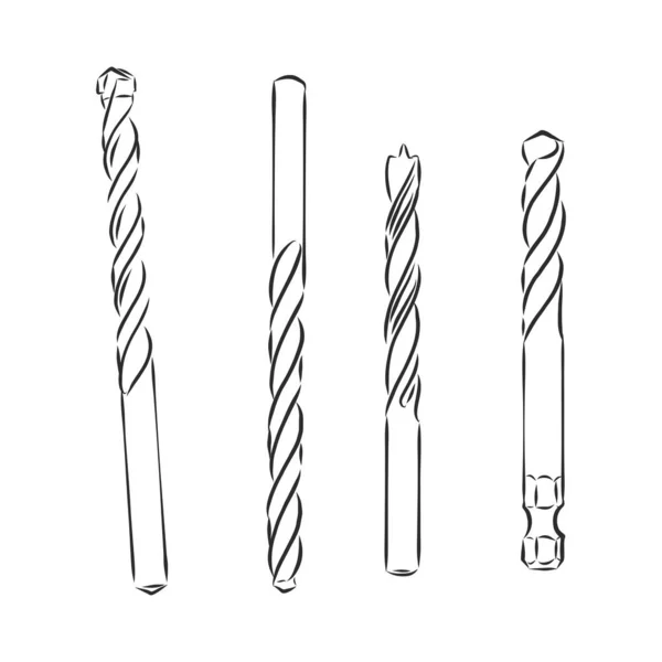 Bohrer. Satz Bohrwerkzeuge für Metall und Holz. Skizze und Illustration von Schnecken. Vektor technische Zeichnung. Verschiedene Formen isoliert auf Weiß. Vektor-Skizze zur Illustration des Bohrers — Stockvektor