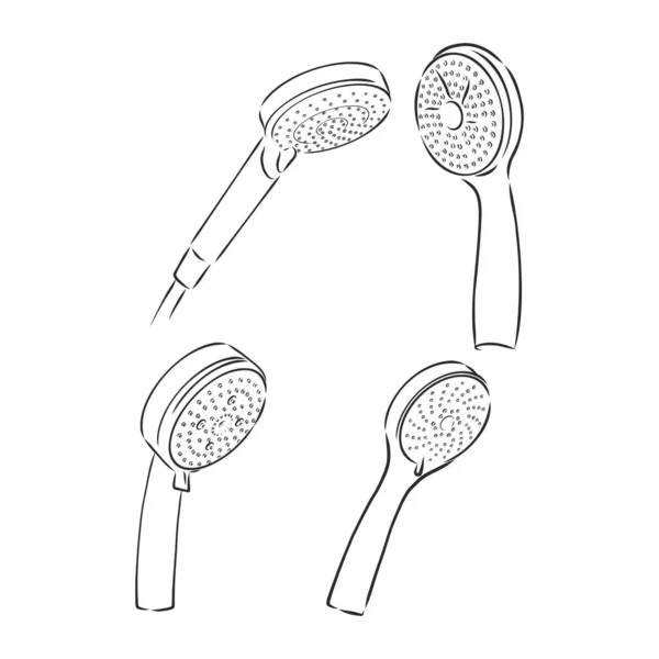 흐르는 물, 낙서 스타일, 스케치하는 그림이 있는 샤워기 세트. 샤워 벡터 스케치 일러스트 — 스톡 벡터