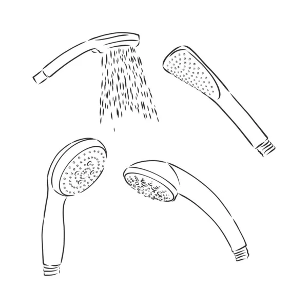 Set di soffione doccia con acqua corrente, stile doodle, schizzo illustrazione. schizzo del vettore doccia illustrazione — Vettoriale Stock