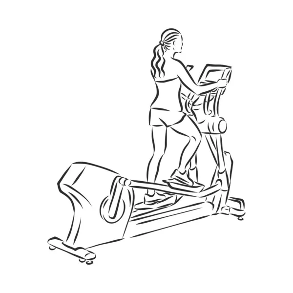 手绘跑步机涂鸦 素描运动器材和模拟器 装饰元素 被白色背景隔离 矢量说明 — 图库矢量图片