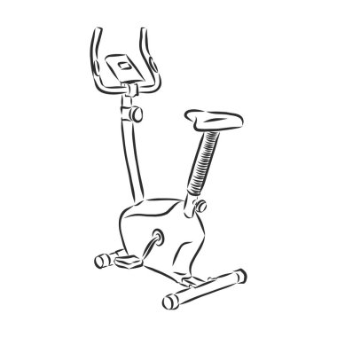 Elle çizilmiş bisiklet simülatörü. Eskiz spor ekipmanları ve simülatörler, ikon. Dekorasyon elemanı. Beyaz arka planda izole edilmiş. Vektör illüstrasyonu.