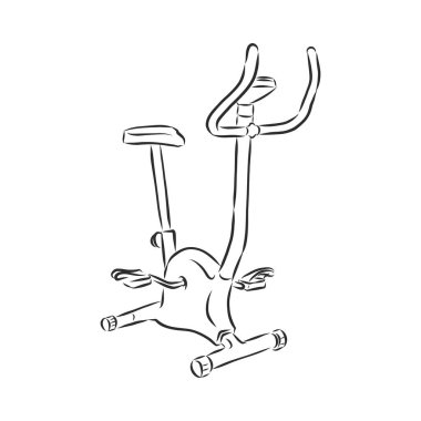 Elle çizilmiş bisiklet simülatörü. Eskiz spor ekipmanları ve simülatörler, ikon. Dekorasyon elemanı. Beyaz arka planda izole edilmiş. Vektör illüstrasyonu.