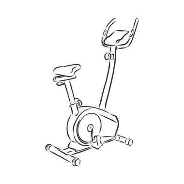 Elle çizilmiş bisiklet simülatörü. Eskiz spor ekipmanları ve simülatörler, ikon. Dekorasyon elemanı. Beyaz arka planda izole edilmiş. Vektör illüstrasyonu.