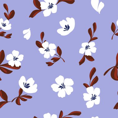 Papatya desenli soyut çiçek deseni. Küçük tomurcuklar ve yapraklardan yapılmış basit fantezi çiçekleri. Çiçek tarlası. Tekstil, kumaş, ambalaj ve yüzey için düz arkaplan.