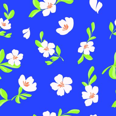 Papatya desenli soyut çiçek deseni. Küçük tomurcuklar ve yapraklardan yapılmış basit fantezi çiçekleri. Çiçek tarlası. Tekstil, kumaş, ambalaj ve yüzey için düz arkaplan.