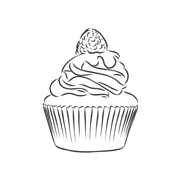 Sada sladké pekárny zdobené cupcakes ručně kreslené v retro rytém stylu. Vektorová ilustrace. Izolované na bílém pozadí. ukázka vektorového náčrtu dortu — Stockový vektor