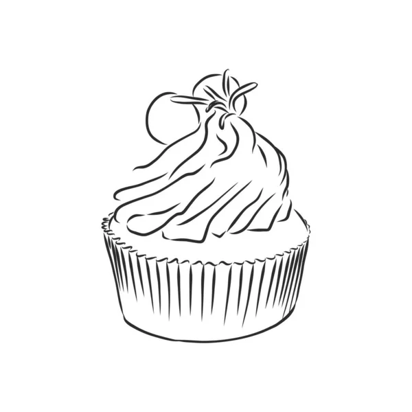 Set von süßen Backwaren dekoriert Cupcakes von Hand in Vintage-Stil graviert gezeichnet. Vektorillustration. Vereinzelt auf weißem Hintergrund. Cupcake Vektor Skizze Illustration — Stockvektor