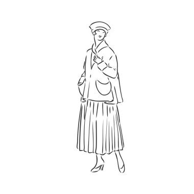 Antika giyimli bayan. Eski moda vektör çizimi. Tarihi elbiseli Viktorya dönemi kadını. Klasik stil çizim, eski ahşap kesim tarzı