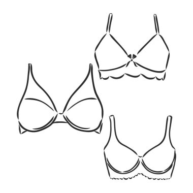 El Çizimi Kadınlar Sütyen Skeç Sembolü beyaz arka planda izole edildi. Moda tarzında dantelli sütyen. Kadın iç çamaşırı el çizimi elementler