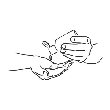 Covid-19 virüsünü ya da koronavirüs vektör çizimi çizimini korumak için el dezenfektanı ya da alkol kullanan eller beyaz arka plana çizilmiş.