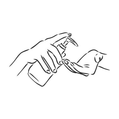 Covid-19 virüsünü ya da koronavirüs vektör çizimi çizimini korumak için el dezenfektanı ya da alkol kullanan eller beyaz arka plana çizilmiş.