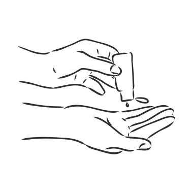 Covid-19 virüsünü ya da koronavirüs vektör çizimi çizimini korumak için el dezenfektanı ya da alkol kullanan eller beyaz arka plana çizilmiş.