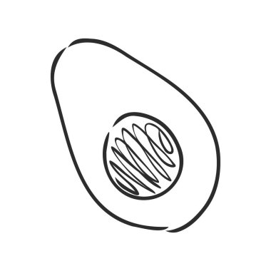 Avokado. Contour illüstrasyon. Tahta kesim tarzında egzotik meyveler. Beyaz arkaplanda izole edilmiş vektör.