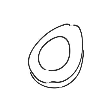 Avokado. Contour illüstrasyon. Tahta kesim tarzında egzotik meyveler. Beyaz arkaplanda izole edilmiş vektör.