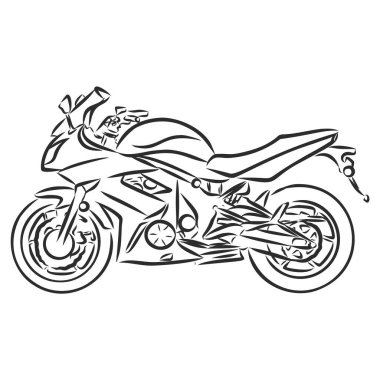 Motosiklet vektörü, gerçekçi illüstrasyon. Siyah motosiklet yarım yüz, beyaz arka planda birçok detay var.