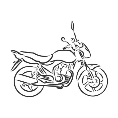 Motosiklet vektörü, gerçekçi illüstrasyon. Siyah motosiklet yarım yüz, beyaz arka planda birçok detay var.