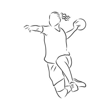 Hentbol oynayan bir adamın resmi. siyah beyaz çizim, beyaz arkaplan
