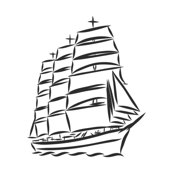 Sailing ship or boat in the ocean in ink line style. Hand sketched yacht. Marine theme design. — Stock Vector
