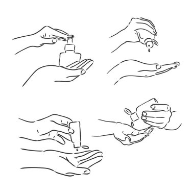 Dezenfekte etmek ve Covid-19 virüsü taşıyıcı çizimi önlemek için el temizleme jeli şişesi. Beyaz arka plan temizleme üzerine siyah çizgiler çizilmiş karalama el çizimi. Beyaz arka plan üzerinde vektör çizimi.